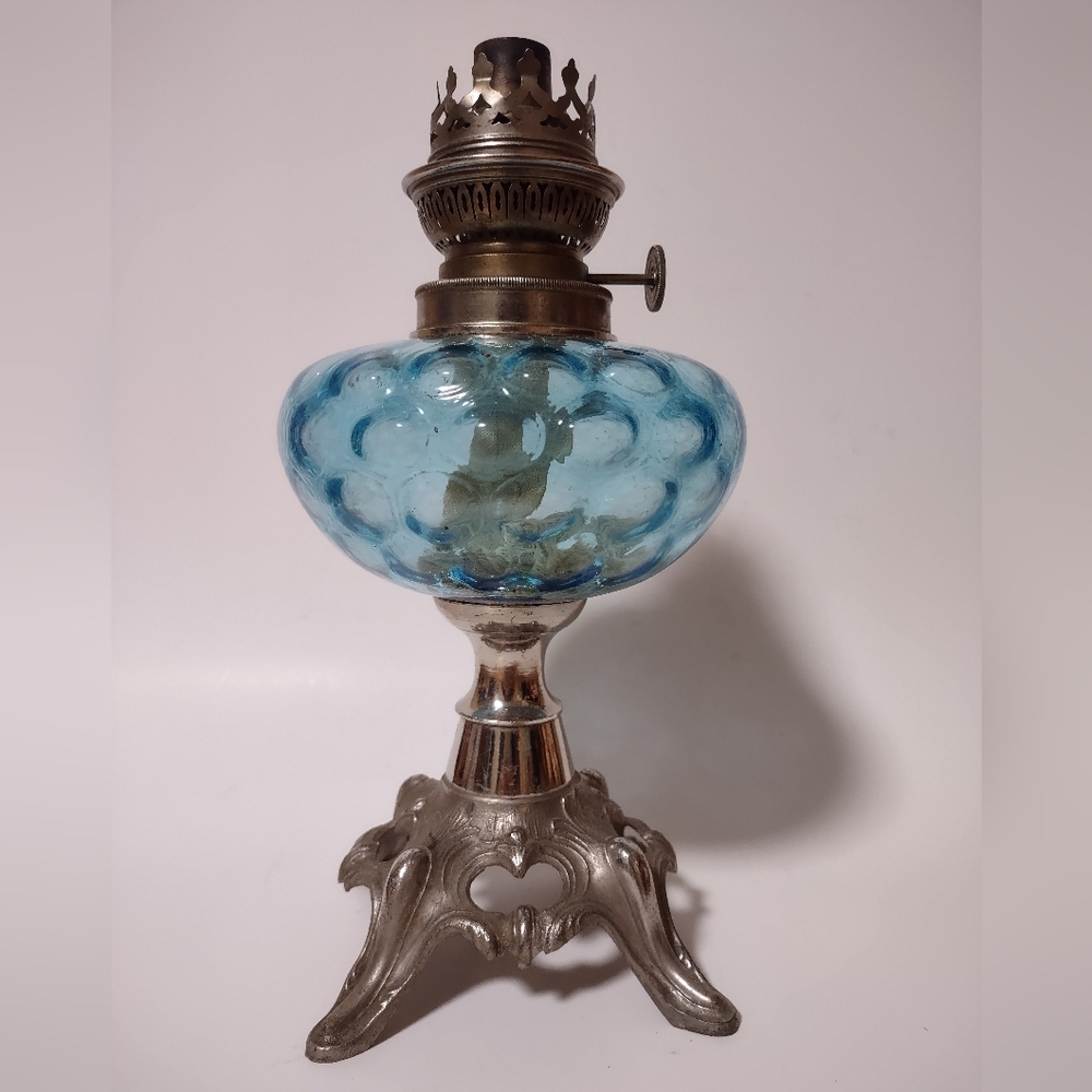 Antique Art Nouveau French Table Oil Lamp Blue Glass Parlor Victorian c1900